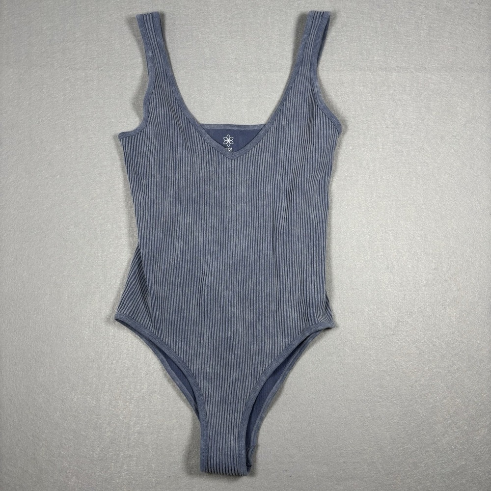 Aura Bodysuit Ribbed Knit V Neck Wide Straps Soft Tank Top Blue/Gray Size‎ S/M